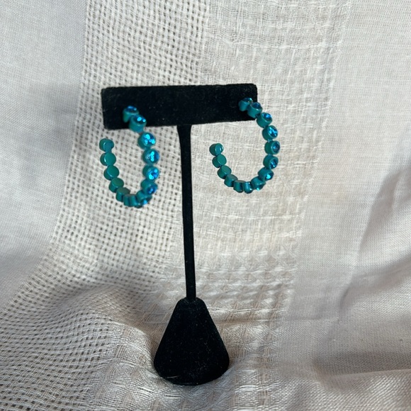 Teal Colored Rhinestone Hoop Earrings - Picture 2 of 11
